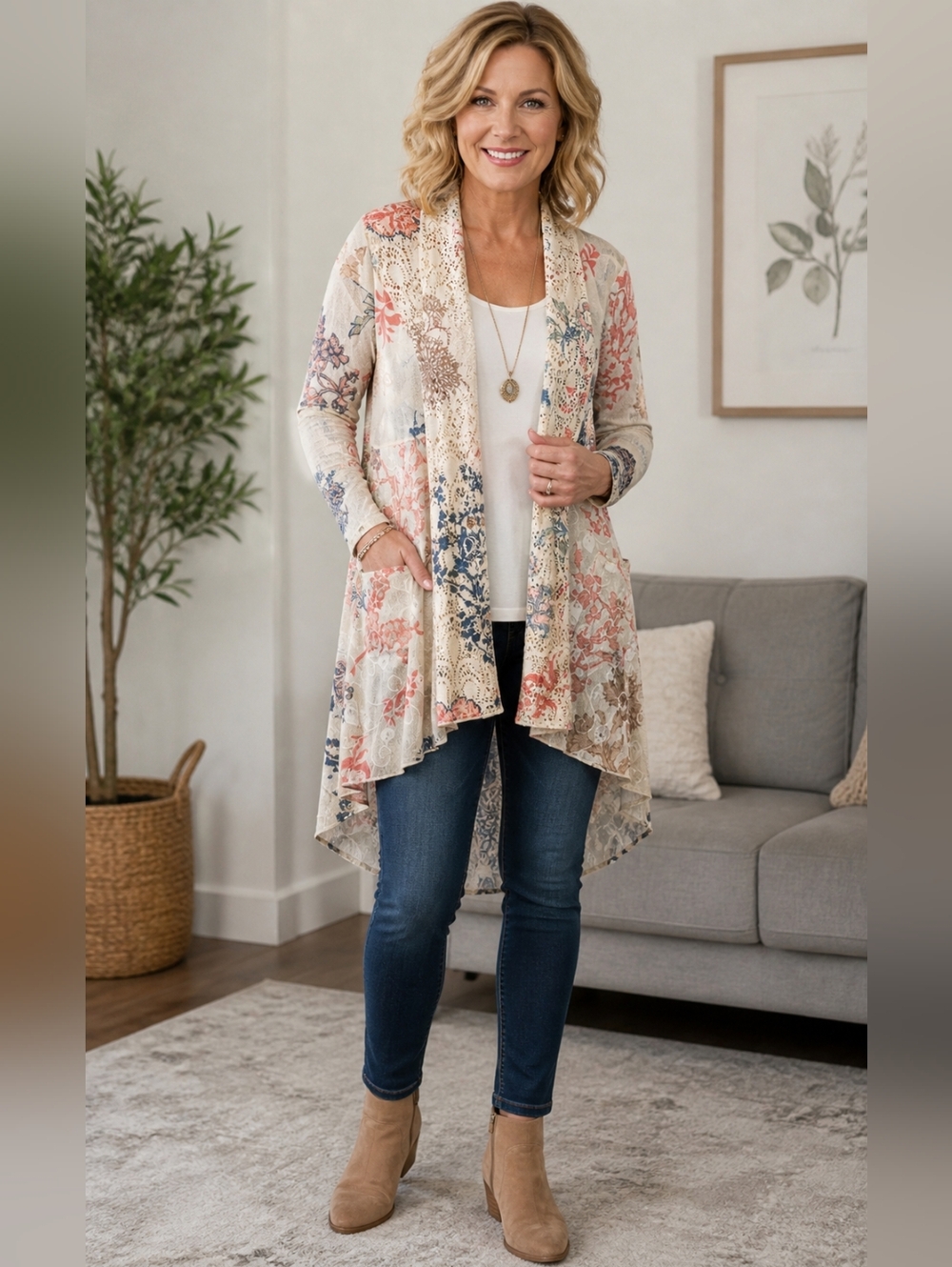 Multiples Floral Kimono Cardigan Sz Small Sheer Open Front Lightweight Boho